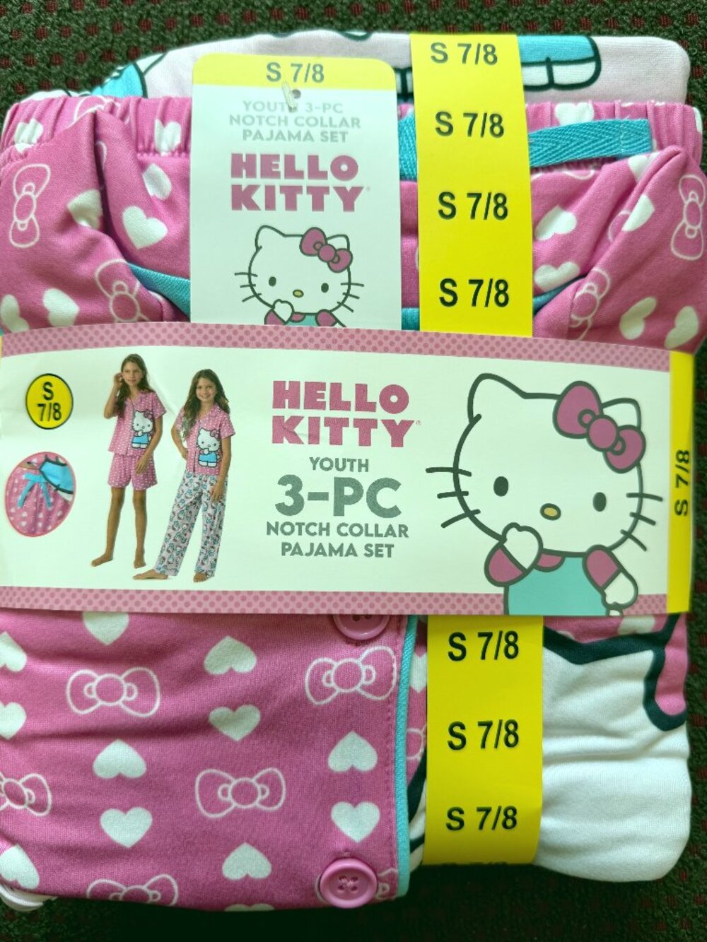 Hello Kitty Sanrio Girls 3-Piece Pajama Set Size Small 7/8 Pink NWT Flame Resist